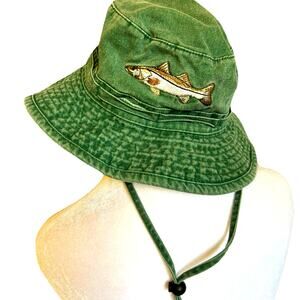 VTG Fishing Bucket Hat SNOOK Fish Embroidered 100% Cotton Faded Green Headwear M